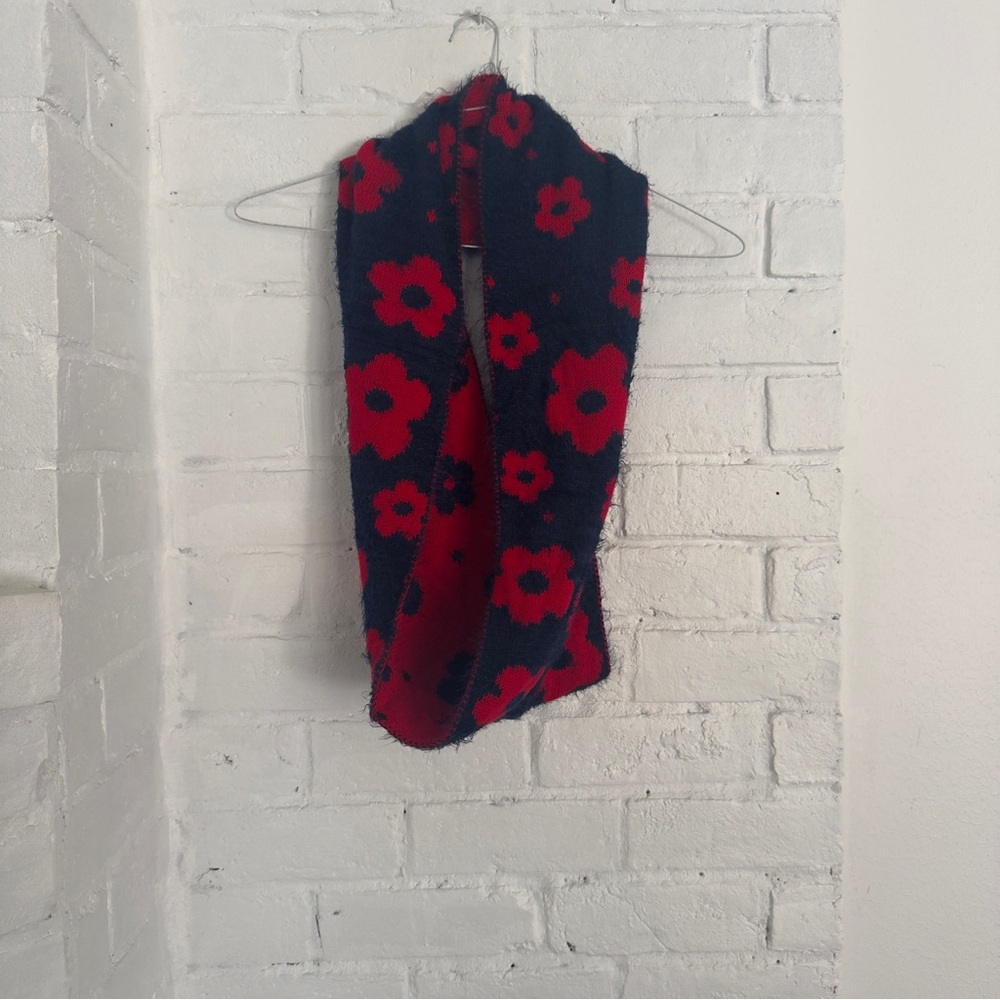 Red Blue Flower Knit Scarf Cozy Soft Winter Wrap